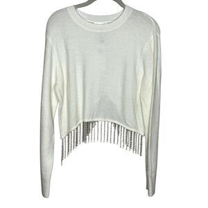 Line & Dot Sweater Womens Small White Beaded Fringe Hem Crewneck Cropped LT4434L